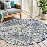 4' Navy Blue And Ivory Round Botanical Leaves Indoor Outdoor Area Rug