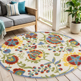 4' Green Orange Red And Blue Round Floral Indoor Outdoor Area Rug