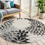 5' Black And White Round Floral Indoor Outdoor Area Rug