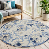 5' Blue And Gray Round Floral Indoor Outdoor Area Rug