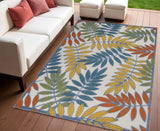 4' X 6' Ivory Yellow Orange Green And Blue Botanical Leaves Indoor Outdoor Area Rug