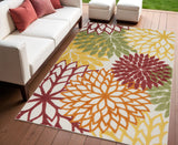 4' X 6' Red Yellow Green Orange And Ivory Floral Indoor Outdoor Area Rug