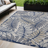 5' X 8' Navy Blue And Ivory Botanical Leaves Indoor Outdoor Area Rug