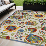 5' X 8' Ivory Green Red And Yellow Floral Indoor Outdoor Area Rug