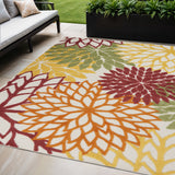 5' X 8' Ivory Yellow Orange And Green Floral Indoor Outdoor Area Rug