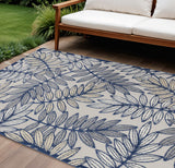 6' X 9' Navy Blue And Beige Botanical Leaves Indoor Outdoor Area Rug