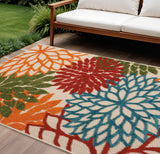 6' X 9' Ivory Yellow Orange Green And Blue Floral Indoor Outdoor Area Rug