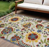 6' X 9' Ivory Green Red And Yellow Floral Indoor Outdoor Area Rug