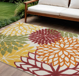 6' X 9' Red Yellow Green Orange And Ivory Floral Indoor Outdoor Area Rug