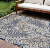 7' X 10' Navy Blue And Ivory Botanical Leaves Indoor Outdoor Area Rug