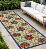 8' Navy Blue Beige Green Blue And Red Floral Indoor Outdoor Runner Rug