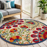 5' Navy Blue Beige Green Blue And Red Round Floral Indoor Outdoor Area Rug