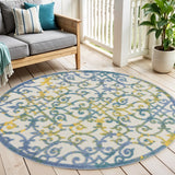 4' Ivory Blue And Yellow Round Trellis Indoor Outdoor Area Rug