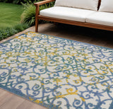 7' X 10' Ivory Blue And Yellow Trellis Indoor Outdoor Area Rug