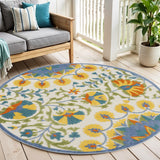 5' Ivory Blue Yellow And Orange Round Floral Indoor Outdoor Area Rug