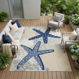 6' X 9' Navy Blue And Gray Starfish Indoor Outdoor Area Rug
