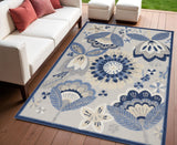 4' X 6' Blue And Gray Floral Indoor Outdoor Area Rug