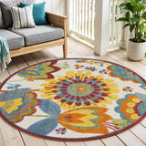 4' Ivory Blue Orange Red And Yellow Round Floral Indoor Outdoor Area Rug