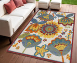 4' X 6' Ivory Blue Orange Red And Yellow Floral Indoor Outdoor Area Rug