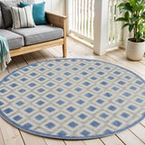 4' Blue And Gray Round Geometric Indoor Outdoor Area Rug