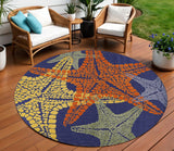 8' Blue Yellow And Orange Round Starfish Indoor Outdoor Area Rug