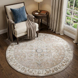 5' Beige and Ivory Round Floral Medallion Power Loom Washable Area Rug