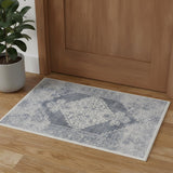 2' X 4' Blue And Ivory Floral Medallion Distressed Washable Area Rug