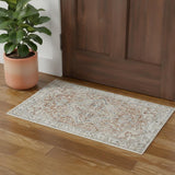 2' X 4' Gold And Ivory Floral Medallion Washable Area Rug