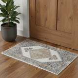 2' X 4' Gray And Gold Floral Medallion Distressed Washable Area Rug