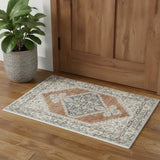 2' X 4' Gray And Orange Floral Medallion Distressed Washable Area Rug