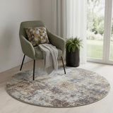 5' Blue And Ivory Abstract Washable Round Rug
