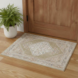 2' X 4' Green and Ivory Floral Medallion Power Loom Distressed Washable Area Rug
