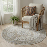 5' Beige And Gray Floral Medallion Washable Round Rug