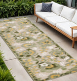 8' Ivory Dark Green And Yellow Floral Indoor Outdoor Runner Rug