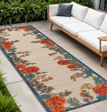 8' Ivory Orange And Blue Floral Indoor Outdoor Runner Rug