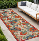 8' Ivory Orange Blue And Green Floral Indoor Outdoor Runner Rug