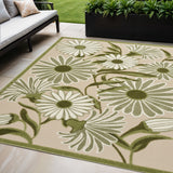 5' X 8' Ivory And Green Floral Indoor Outdoor Area Rug