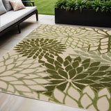 5' X 8' Ivory And Green Floral Indoor Outdoor Area Rug