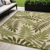 5' X 8' Ivory And Green Palm Leaf Indoor Outdoor Area Rug