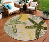8' Ivory Green And Yellow Round Starfish Indoor Outdoor Area Rug