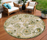 8' Ivory Green And Yellow Round Floral Indoor Outdoor Area Rug