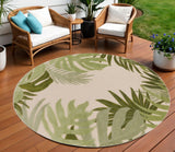 8' Ivory And Green Round Palm Leaf Indoor Outdoor Area Rug