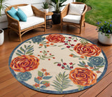 8' Ivory Orange Green And Blue Round Floral Indoor Outdoor Area Rug