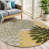 5' Green Yellow Ivory And Dark Green Round Floral Indoor Outdoor Area Rug