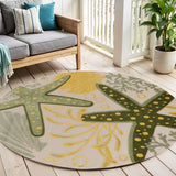 5' Green Yellow Ivory And Dark Green Round Starfish Indoor Outdoor Area Rug