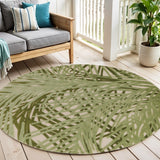 5' Ivory And Green Round Palm Leaf Indoor Outdoor Area Rug