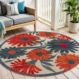 5' Ivory Blue And Orange Round Floral Indoor Outdoor Area Rug