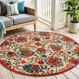 5' Red Gold Teal Blue And Green Round Floral Indoor Outdoor Area Rug