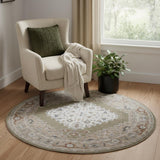 5' Off White And Brown Floral Distressed Round Rug
