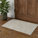 2' X 4' Beige And Ivory Floral Medallion Washable Area Rug